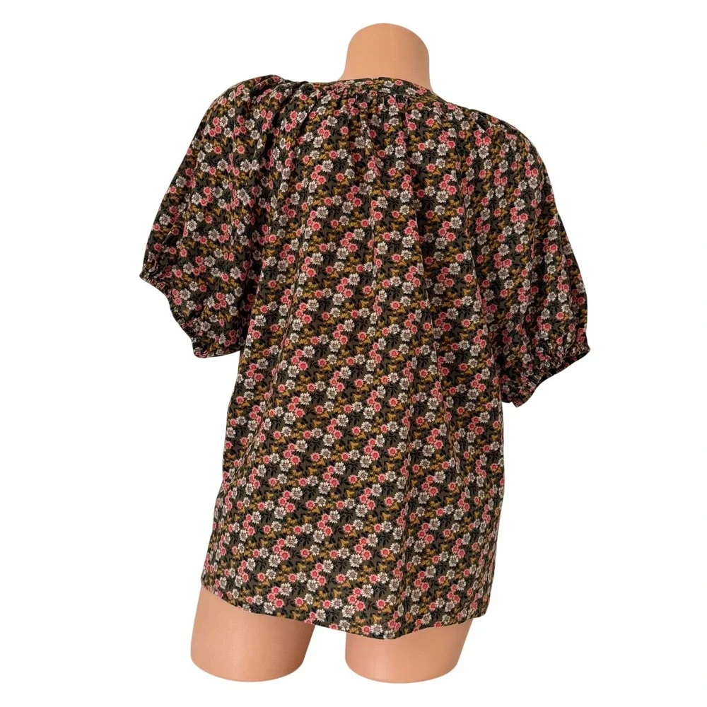 LOFT Olive Green Floral Puff Sleeve Split Tie Neck Cotton Blouse Size Medium